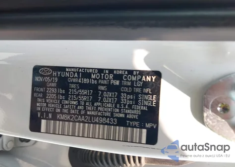 2020 Hyundai Kona Sel из США, поврежденный, VIN KM8K2CAA2LU498433